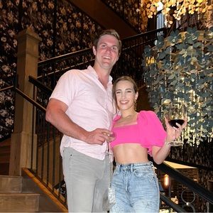 Hot pink crop top with puffy sleeves